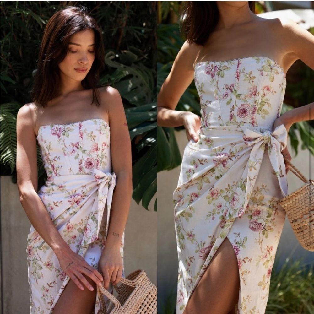 NEW V. Chapman Anthropologie Liliana Strapless Midi Dress Pink Rose Floral 12